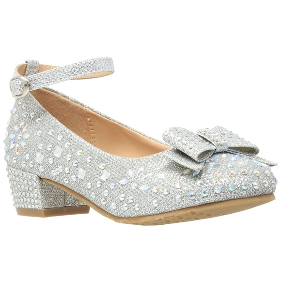 Kids Silver Glitter Rhinestone Bow Low Heel MARY50 - Picture 1 of 6